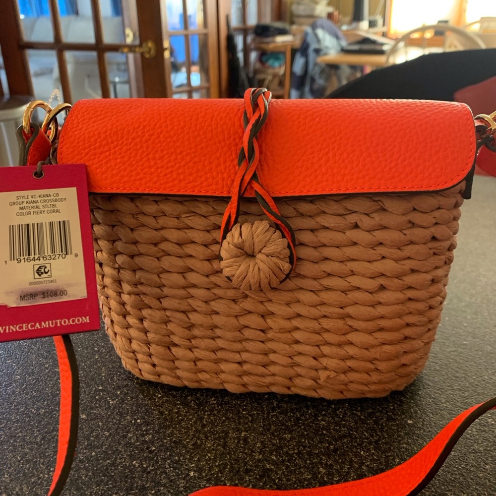 Vince Camuto Fiery Coral and Natural Woven Crossbody - Never Used!